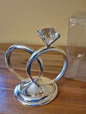NEW His & Hers Silver Metal Double Rings Wedding Cake Topper